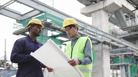 Structural engineers and construction workers are holding blueprints inspecting  Stock Footage 222543300