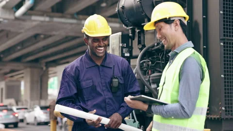 Structural engineers and construction workers are holding blueprints inspecting  Video stock 235886992