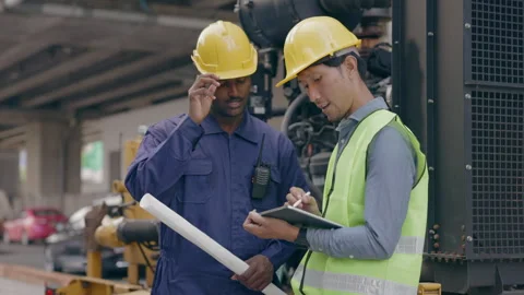 Structural engineers and construction workers are holding blueprints inspecting  Stock Footage 241509860