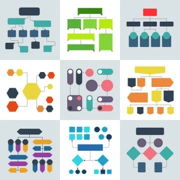 Structural flow diagrams, flowcharts and flowing process structures. Vector Stock Illustration
