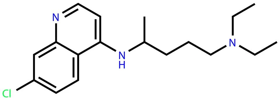 Structural formula of Chloroquine, a substance active against the COVID-19 Stock Illustration