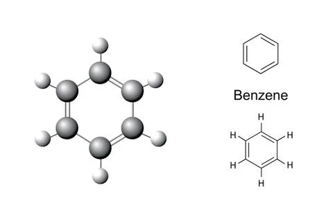 Structural formulas and chemical model of benzene molecule Stock Illustration