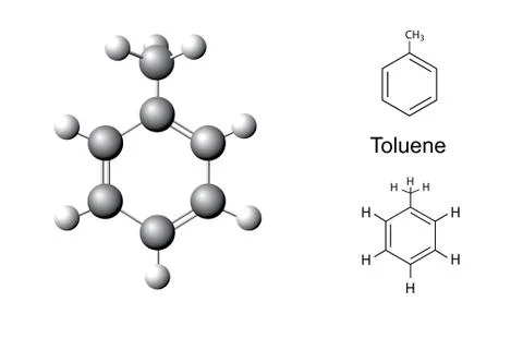 Structural formulas and chemical model of toluene molecule Stock Illustration