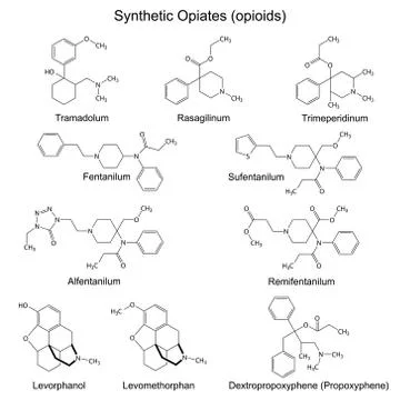 Structural formulas of main full synthetic opiates Stock Illustration