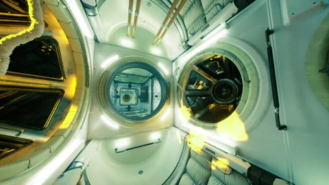 Structural framework and circular apertures form artistic space vista Stock Footage 329941864