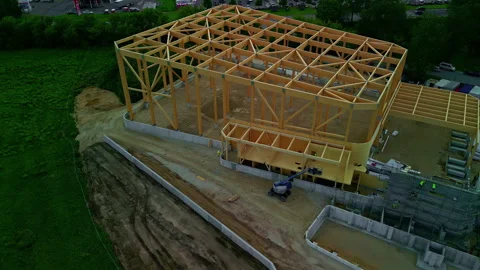 Structural Framework Of Modern Building Under Construction. aerial Stock Footage 248501382