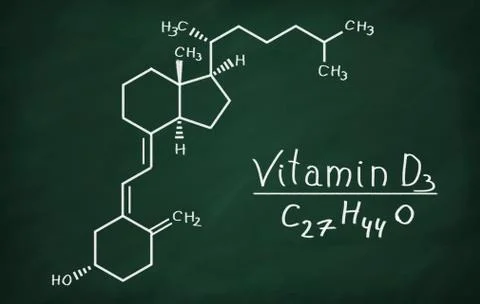 Structural model of Vitamin D3 molecule on the blackboard. 스톡 사진