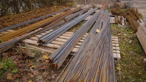 Structural steel on pallets on construction site Stock Footage 229183293