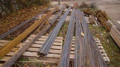 Structural steel on pallets on construction site Stock Footage 229183375