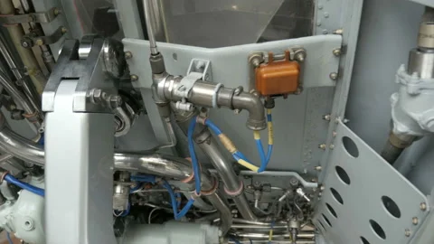 Structure of the aircraft engine. Detailed exposure of a turbo jet engine. Stock Footage 88244200