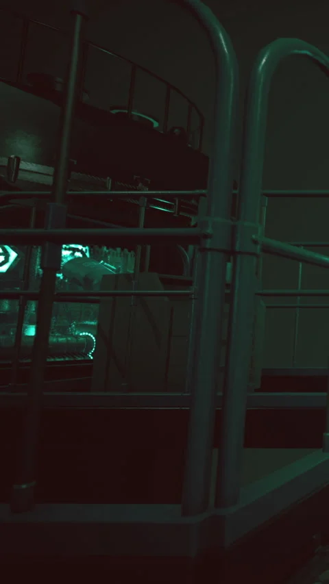 Structure and machinery in a dimly lit space with green light Stock Footage 338424520