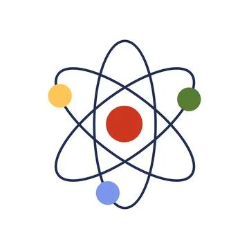 Structure of atom with round nucleus and colorful electrons in orbits Stock-Illustration