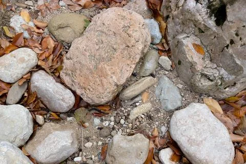 The structure of the bottom and the stone placer of the riverbed and the moun Foto stock