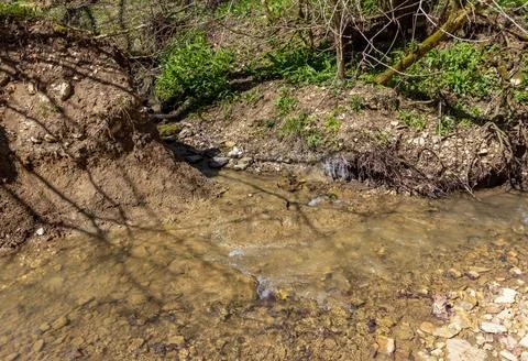 The structure of the bottom is a shallow mountain river, an old man and natur Stock Photos