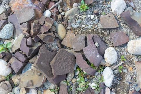The structure of the bottom is a shallow mountain river, an old man and natur Stock Photos