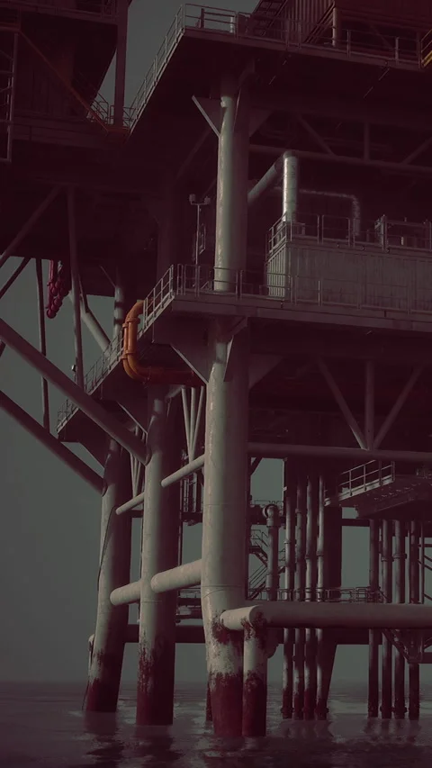 Structure built over ocean with support beams and machinery below surface Stock Footage 339404112