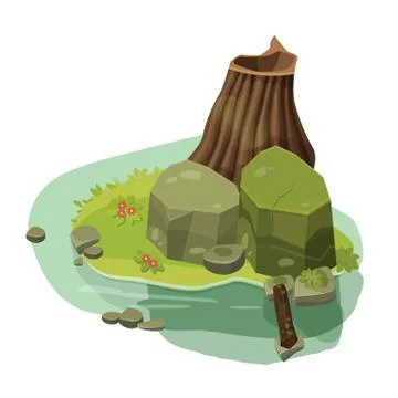 The structure for computer games, home, building, water, rocks, Cartoon, vector Ilustración de archivo