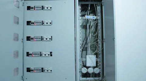 Structure of an electrical panel with wires and meters Stock Photos