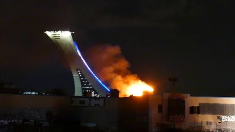 Structure fire in Montreal with flames Stock Footage 116080321