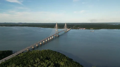 The structure of Johor Desaru River Bridge captured from above 動画素材 318089989