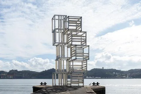 Structure made of cubes and Fluorescent light tubes at the edge of Tagus River Stock Photos