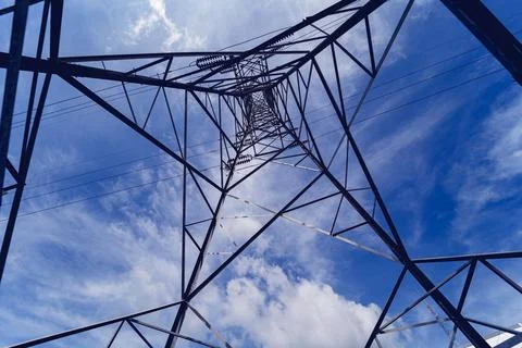 Structure pattern view of high voltage pole power transmission tower Stock Photos