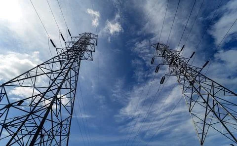 Structure pattern view of high voltage pole power transmission tower Stock Photos