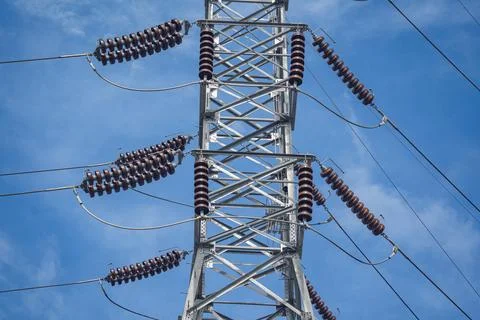 Structure pattern view of high voltage pole power transmission tower Stock Photos