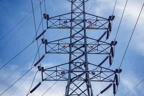 Structure pattern view of high voltage pole power transmission tower Stock Photos