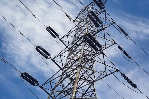 Structure pattern view of high voltage pole power transmission tower Stock Photos