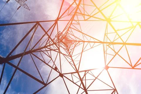 Structure pattern view of high voltage pole power transmission tower Stock Photos