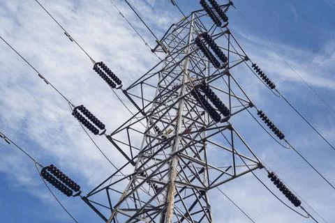 Structure pattern view of high voltage pole power transmission tower Stock Photos