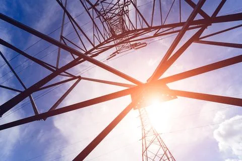 Structure pattern view of high voltage pole power transmission tower Stock Photos