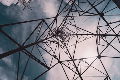 Structure pattern view of high voltage pole power transmission tower Stock Photos