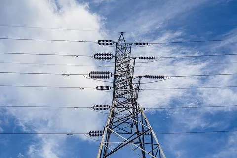 Structure pattern view of high voltage pole power transmission tower Stock Photos