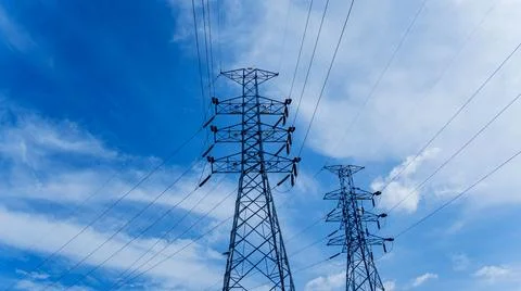 Structure pattern view of high voltage pole power transmission tower Stock Photos