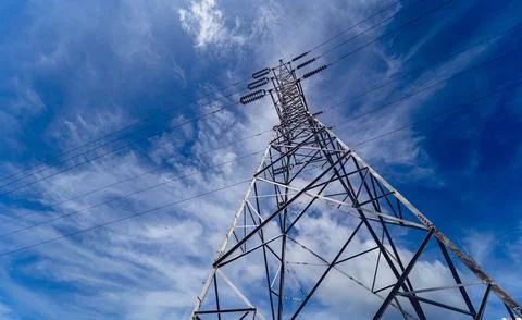 Structure pattern view of high voltage pole power transmission tower Stock Photos