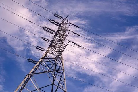 Structure pattern view of high voltage pole power transmission tower Stock Photos