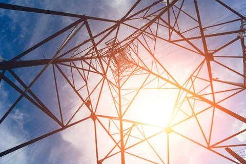 Structure pattern view of high voltage pole power transmission tower Stock Photos