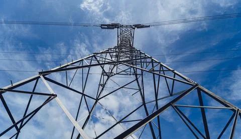 Structure pattern view of high voltage pole power transmission tower Stock Photos