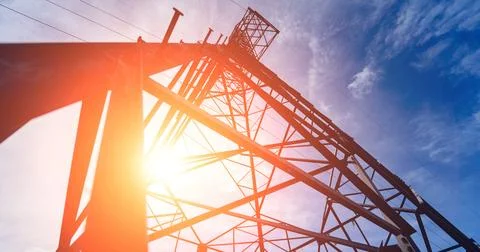Structure pattern view of high voltage pole power transmission tower Stock Photos