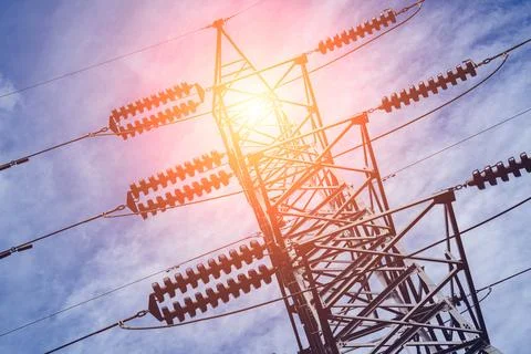 Structure pattern view of high voltage pole power transmission tower Stock Photos