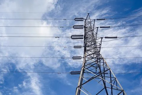 Structure pattern view of high voltage pole power transmission tower Stock Photos