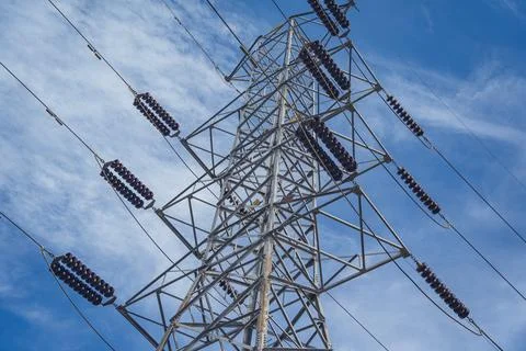 Structure pattern view of high voltage pole power transmission tower Stock Photos