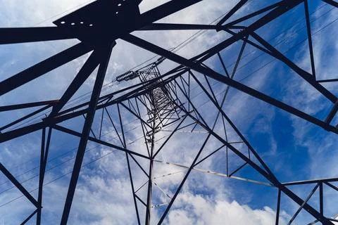 Structure pattern view of high voltage pole power transmission tower Stock Photos