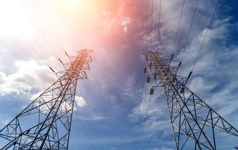 Structure pattern view of high voltage pole power transmission tower Stock Photos