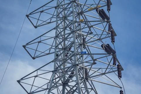 Structure pattern view of high voltage pole power transmission tower Stock Photos