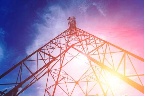 Structure pattern view of high voltage pole power transmission tower Stock Photos