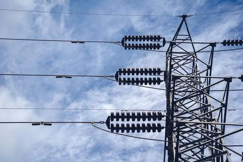 Structure pattern view of high voltage pole power transmission tower Stock Photos