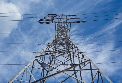 Structure pattern view of high voltage pole power transmission tower Stock Photos